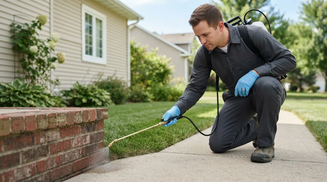 Pest control technician treating a home near Malinta, OH