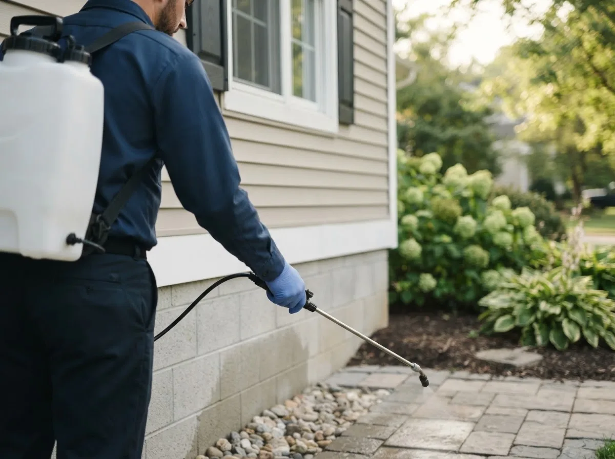 Pest control technician inspecting a home in Malinta, OH